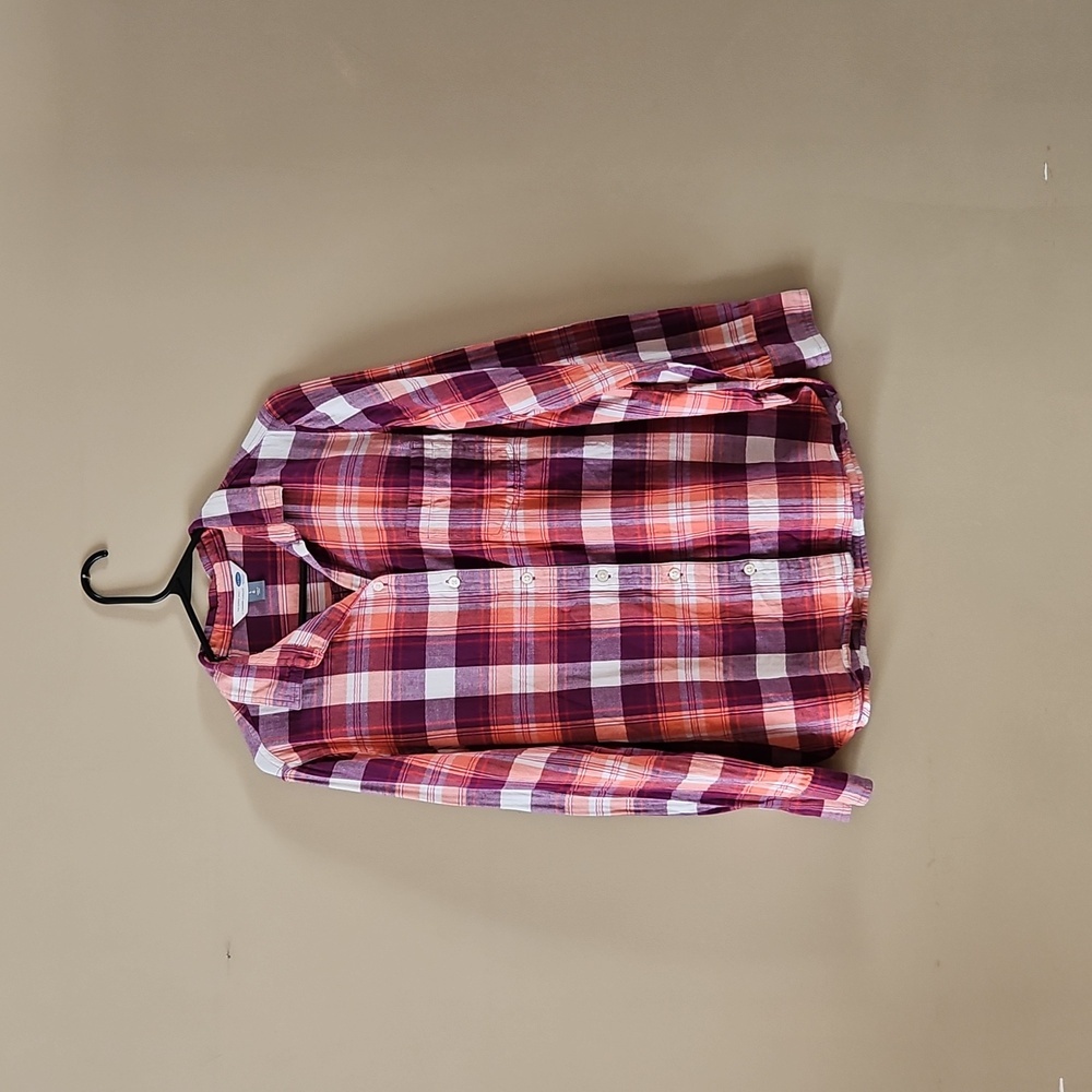 Old Navy womens size L button up flannel shirt purple pink orange white